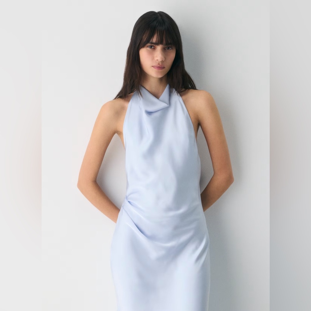Audience Satin Halter Light Blue Formal Graduation Party Satin Midi Dress Sz 10